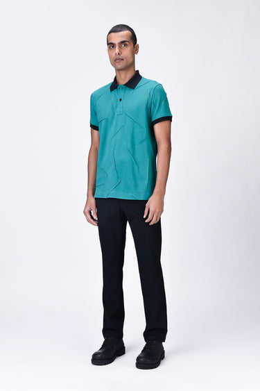 Teal Green Cotton Pique Regular Fit Polo with Dart Details