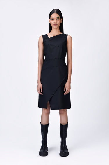 Black Poly Wool Asymmetrical Slim Fit Dress with Beads Embroidery