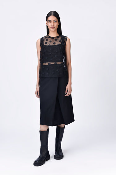 Black Poly Organza Straight Fit Top with Ravioli Embroidery