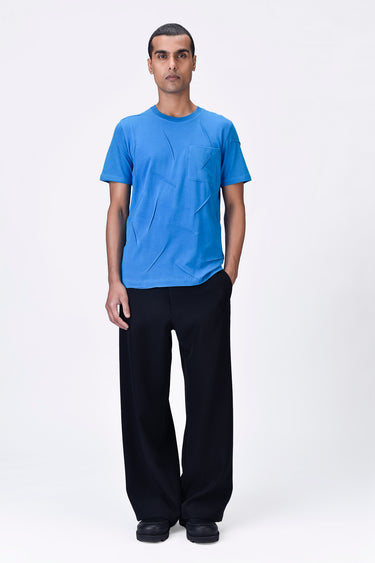 Azure Blue Cotton Jersey Regular Fit T-Shirt with Dart Details