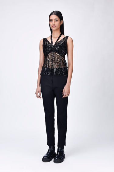 Black Embroidered Tulle Slim Fit Top with Neck Tie-Up