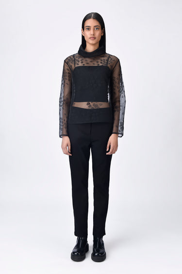 Black Poly Organza Relaxed Fit Turtle Neck Top with Micro Cell Applique