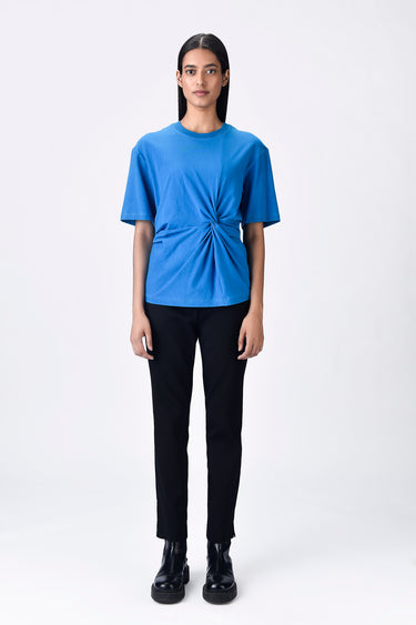 Cotton Jersey Semi-Fitted T-Shirt with Front Knot Detail Azure Blue