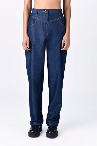 Navy Blue Chambray Relaxed Fit Trousers with Dart Details