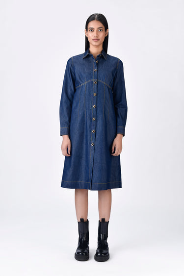 Navy Blue Chambray Semi-Fitted Shirt Dress with Top Stitch Highlights