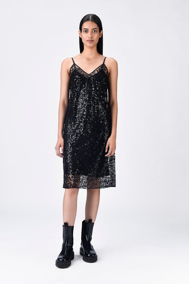 Black Embroidered Tulle Slip Dress