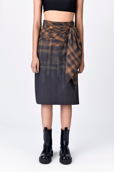 Giza Cotton Poplin Straight Fit Skirt with Draped Waist - Brown