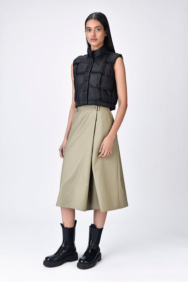 Black Poly Wool A-Line Skirt with Overlapping Pleats