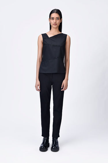 Black Poly Wool Asymmetrical Slim Fit Top with Beads Embroidery