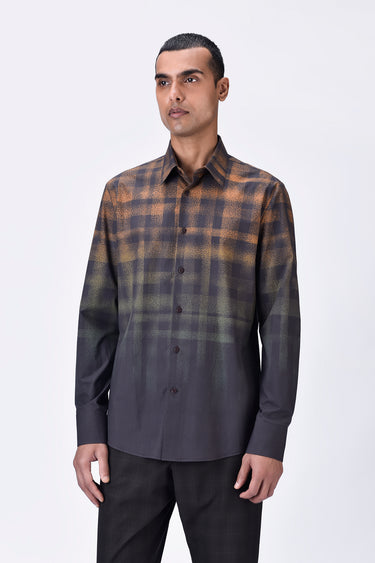 Giza Cotton Poplin Dotted Check Shirt Choclate Brown