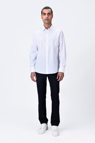 Giza Cotton Poplin Regular Fit Button-Down Shirt with Micro Cell Embroidery - White