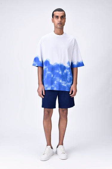 White-Blue Cotton Jersey Oversized T-Shirt with UV Abstract Print